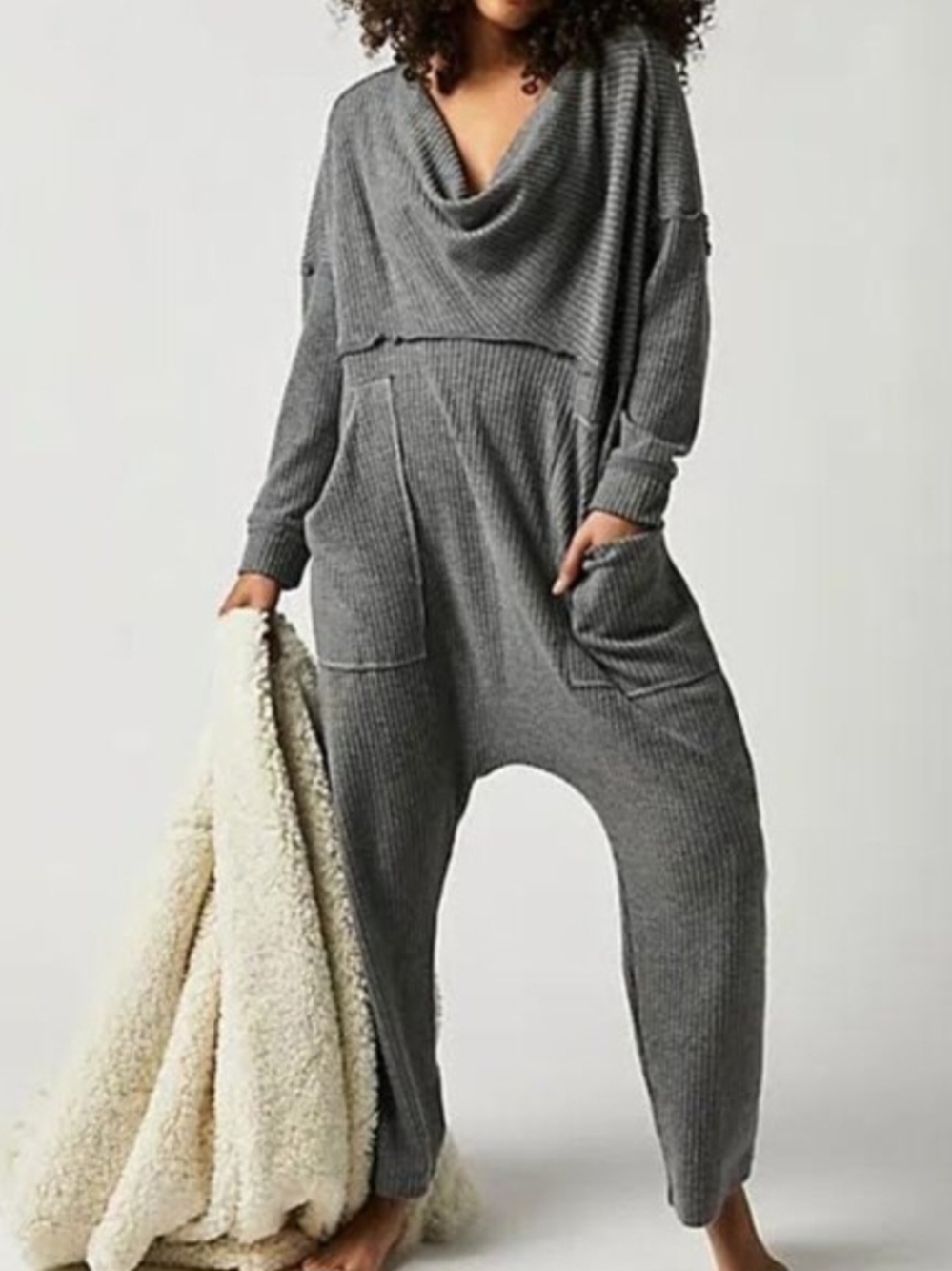 Free People Intimately Kickback Thermal Romper Medium Gray Waffle Knit Jumpsuit - Picture 2 of 10
